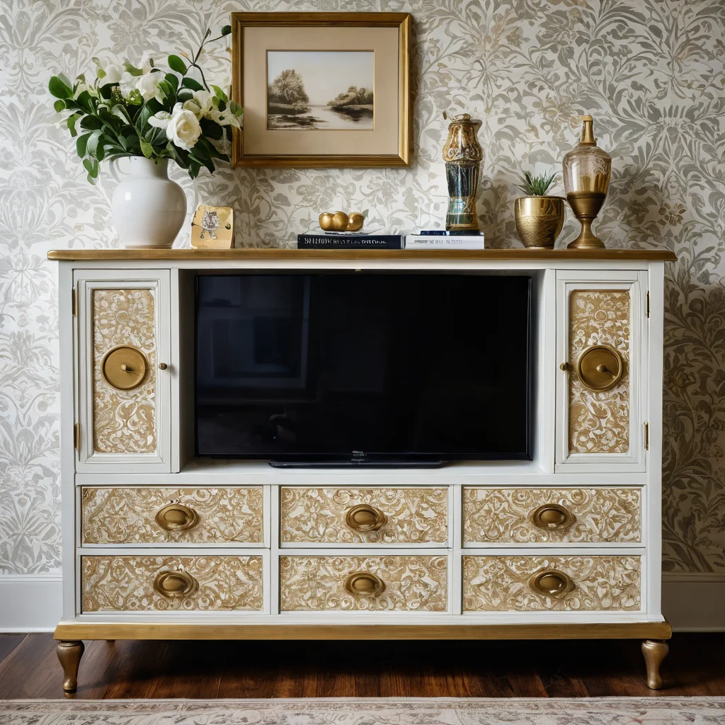 Коллаж, демонстрирующий различные техники обновления тумбы под телевизор: одна часть тумбы покрашена в яркий цвет, другая украшена декупажем с цветочным узором, а на третьей виден трафаретный рисунок. Подчеркивается разнообразие методов DIY-преображения мебели.