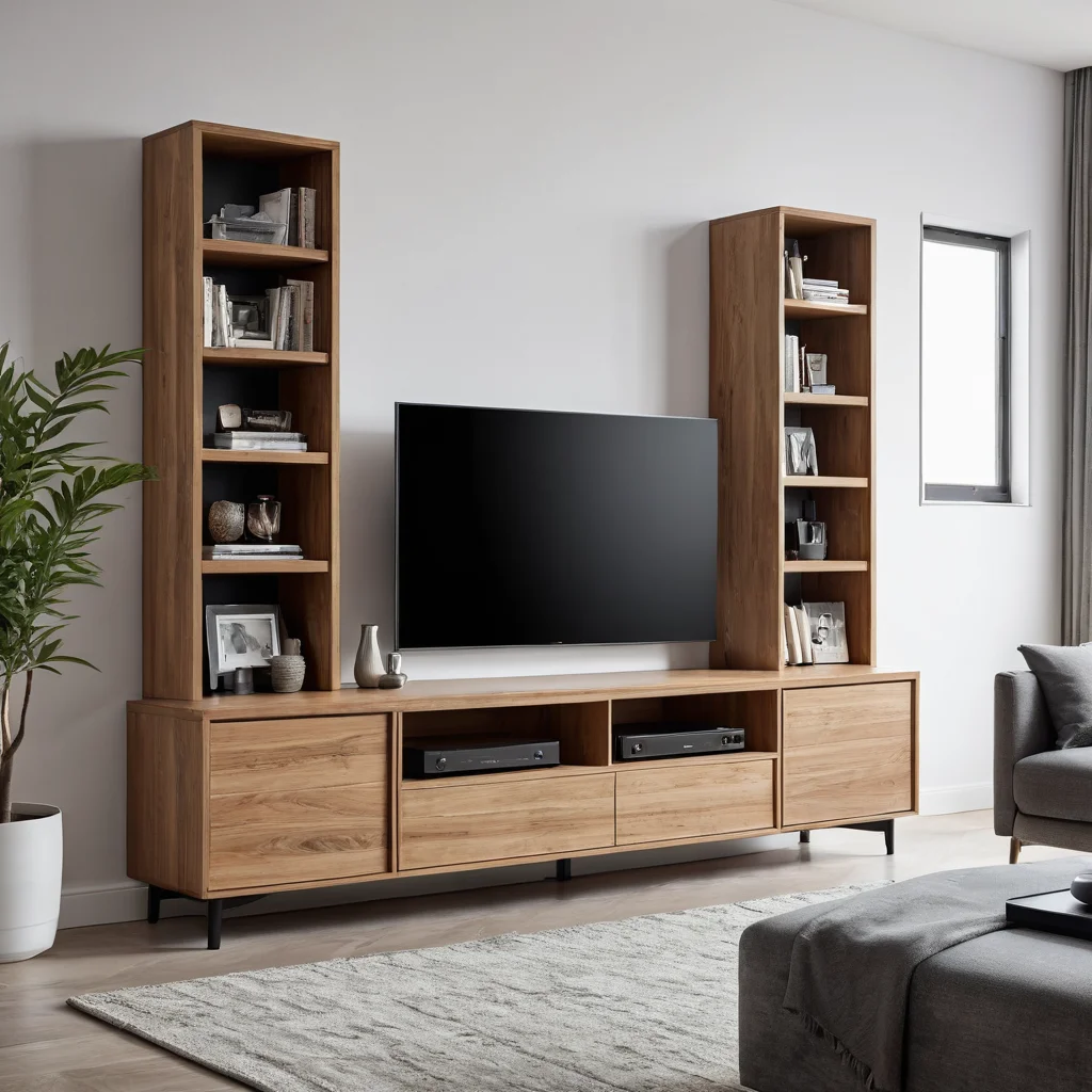 Компактная многофункциональная тумба под телевизор в маленькой гостиной, демонстрирующая умные решения для экономии места. Тумба имеет встроенные полки для хранения книг и декора, максимально используя вертикальное пространство и добавляя функциональности.