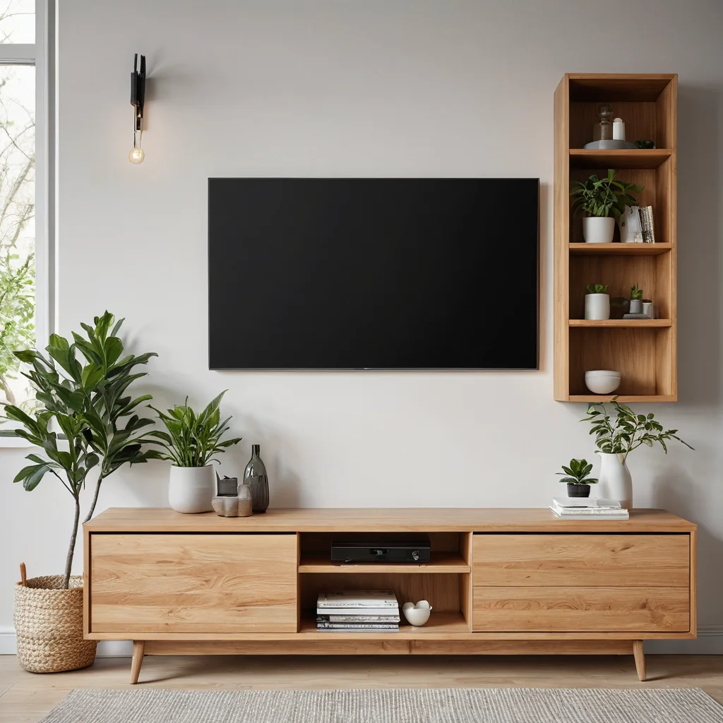 Модернизированная тумба под телевизор в скандинавском стиле, органично вписанная в интерьер светлой гостиной с минималистичным декором. Рядом с тумбой стоят комнатные растения и книги, создавая уютную и функциональную зону для отдыха.