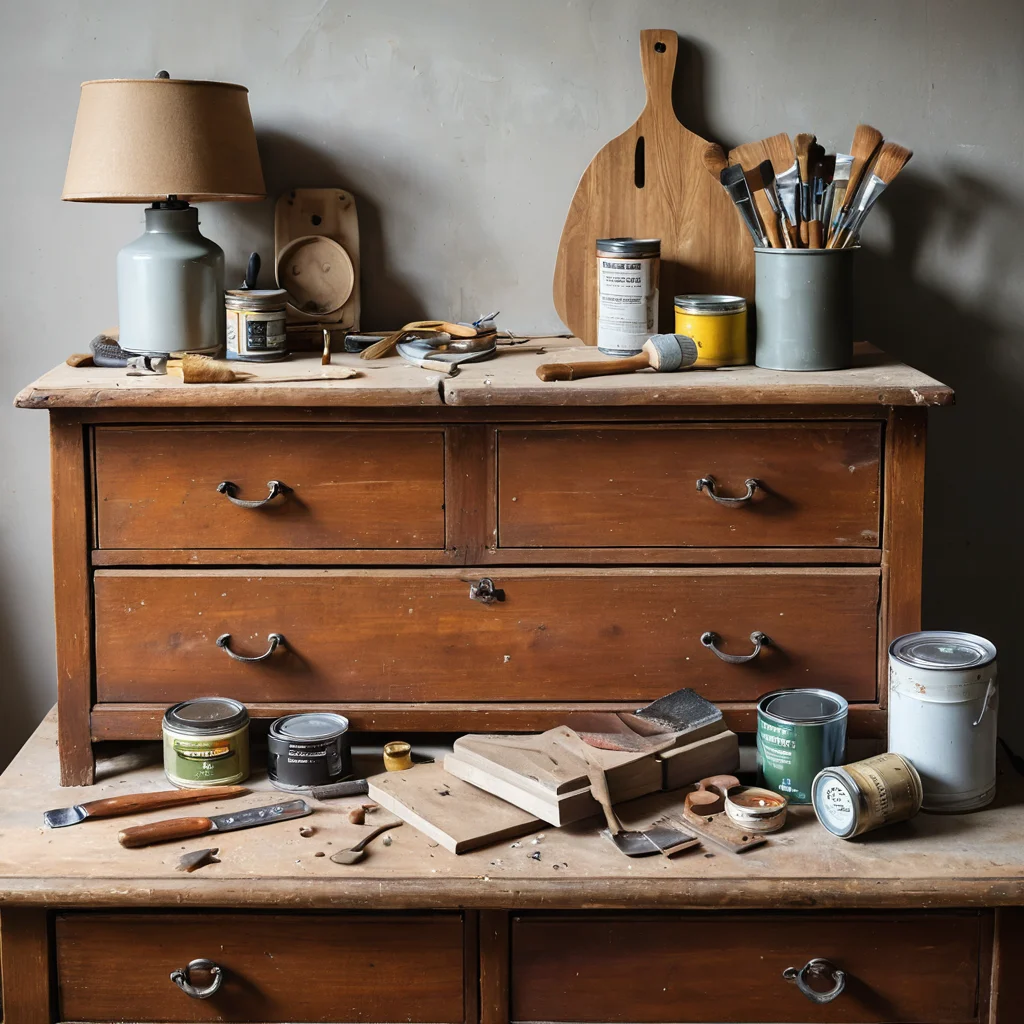 Рабочее пространство с инструментами для переделки, старый комод, краски и кисти, демонстрирующее этап подготовки поверхности и выбора комода перед началом проекта.