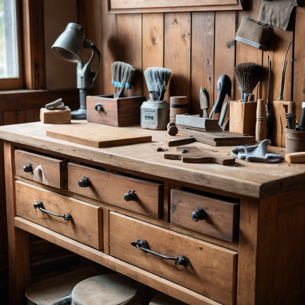 Деревянный комод на рабочей поверхности, окруженный необходимыми инструментами для браширования и подготовки: металлические щетки, шлифовальные машинки, средства защиты, демонстрирующие полный набор для идеального результата.