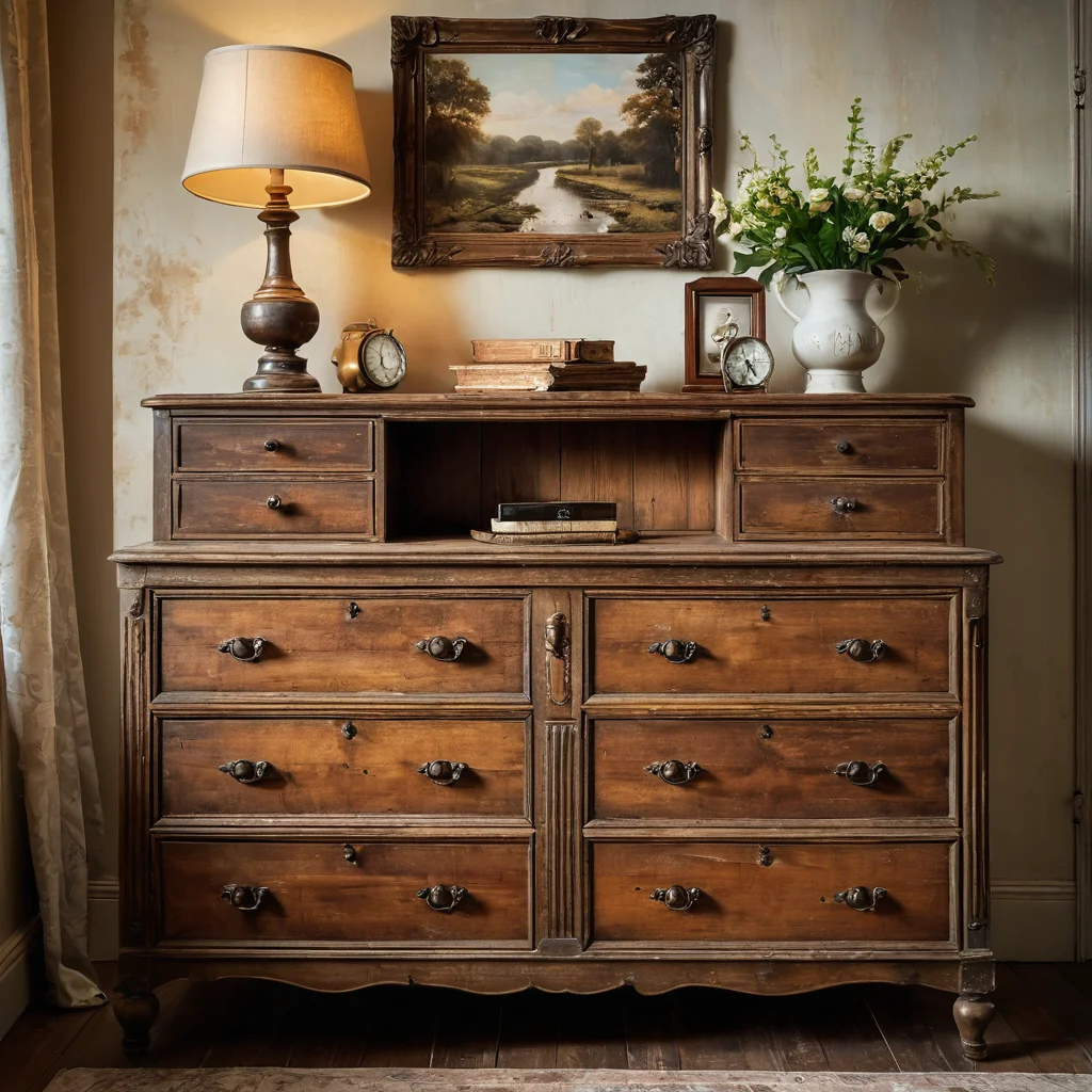 Старый деревянный комод, превращенный в элегантный винтажный шедевр благодаря искусству браширования своими руками, стоит в уютной гостиной, демонстрируя уникальную текстуру состаренной древесины.