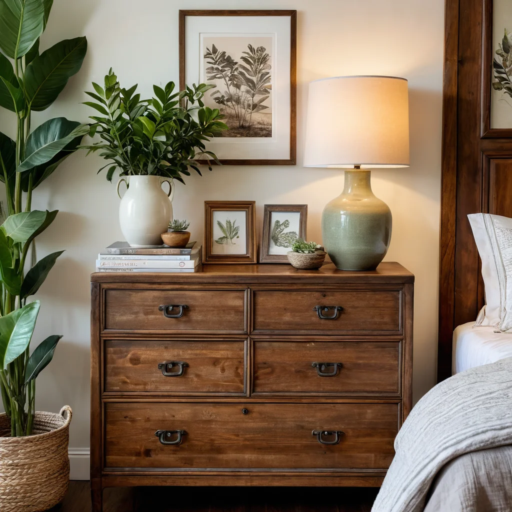 Элегантный винтажный комод, состаренный методом браширования, гармонично расположен в уютной спальне, окруженный продуманными декоративными элементами, демонстрирующий стильные идеи размещения и сочетания в интерьере.