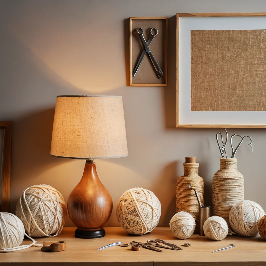 Набор материалов для создания абажура своими руками: клубки пряжи разных цветов, бутылка клея ПВА, ножницы и другие инструменты для творчества, разложенные на рабочем столе.