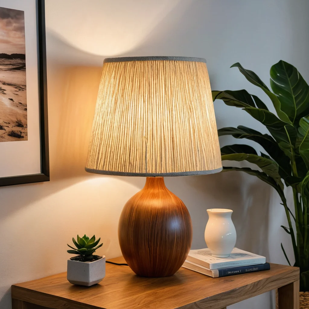 Готовый элегантный абажур из ниток, демонстрирующий профессиональное исполнение без видимых подтеков клея, идеально вписывающийся в современный интерьер.