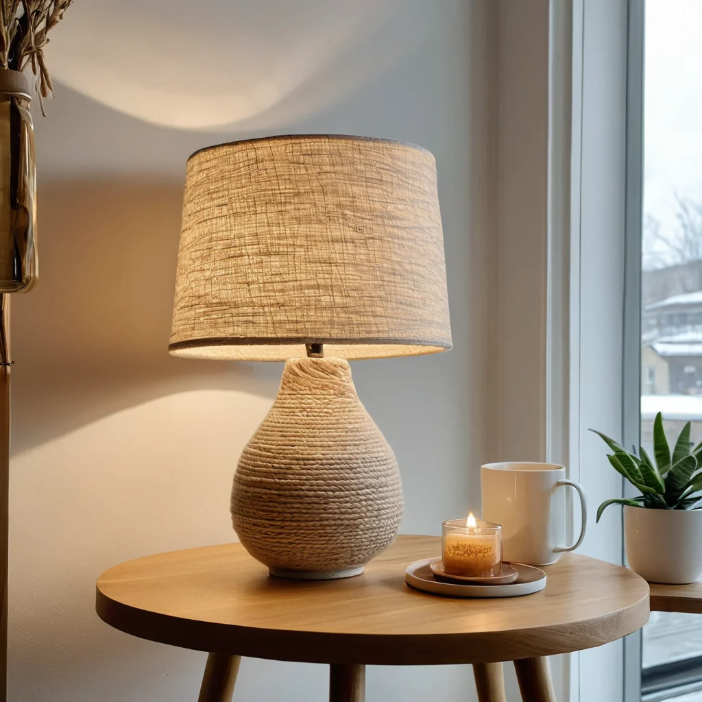 Абажур из ниток, стилизованный под скандинавский интерьер, с минималистичным декором и естественным освещением, подчеркивающий уют и простоту.