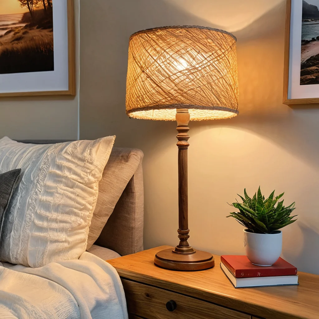 Уютная комната с теплым светом, исходящим от самодельного абажура из ниток, где гордый владелец наслаждается созданным комфортом и красотой.