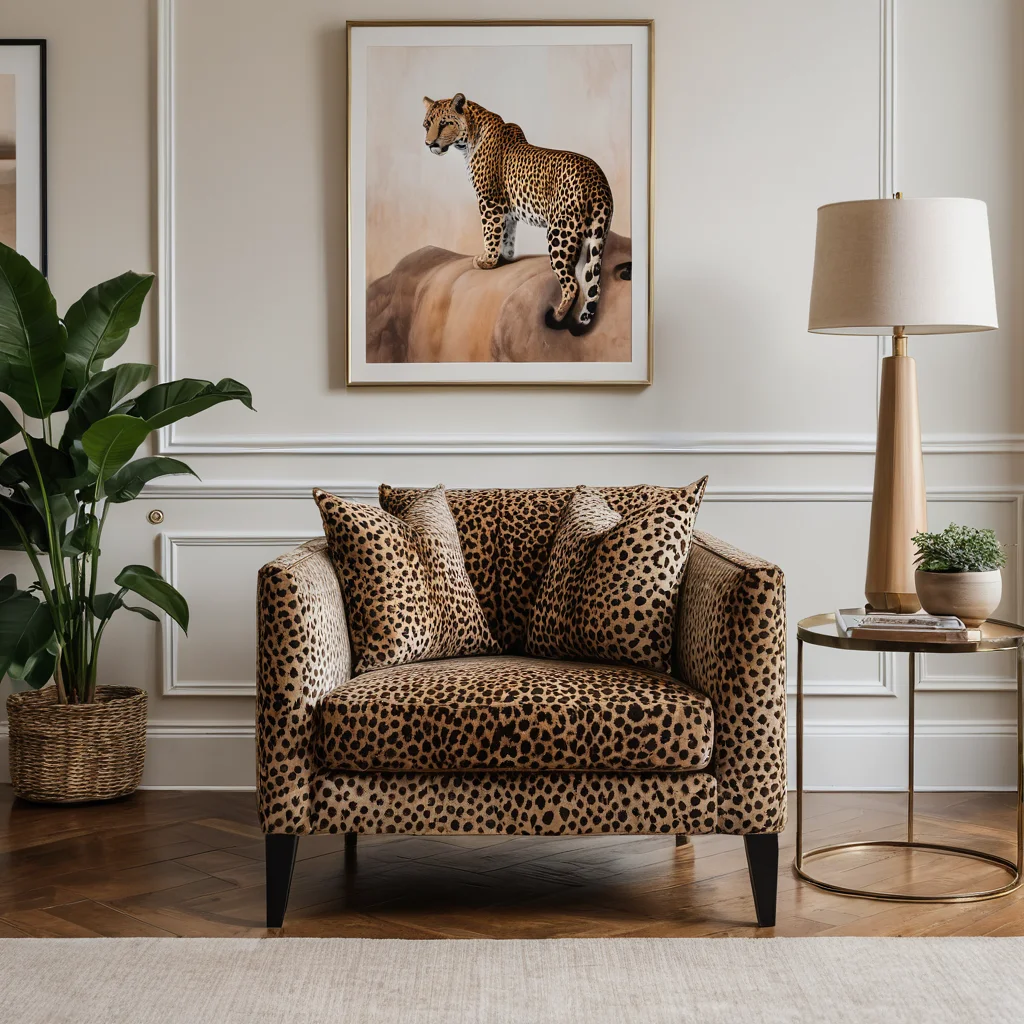 Минималистичная гостиная с акцентным креслом с леопардовым принтом, залитая естественным светом, в теплых тонах, демонстрирующая сдержанное использование анималистичных принтов в интерьере.