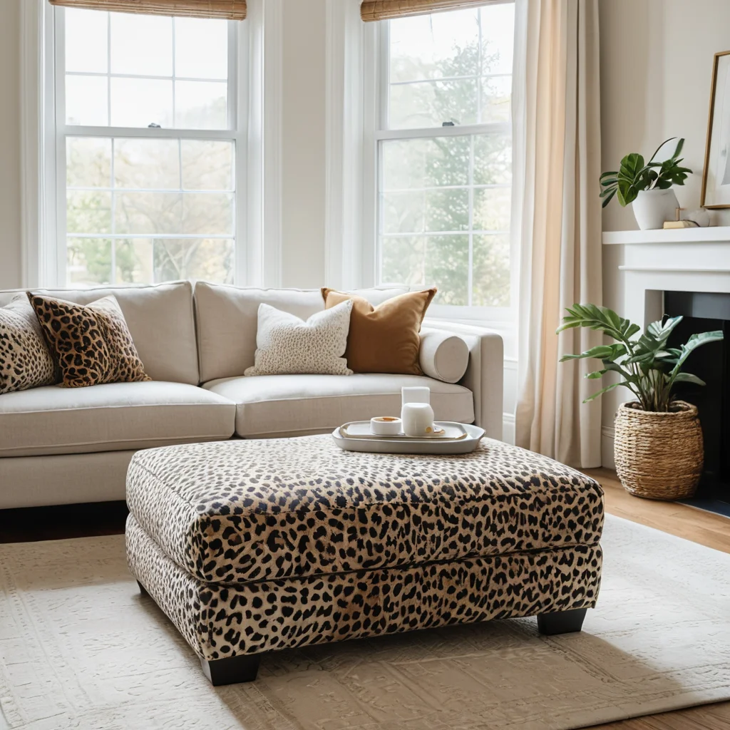 Светлая и просторная гостиная с единственным, тщательно расположенным пуфиком с леопардовым принтом, иллюстрирующая готовность к использованию смелых анималистичных акцентов в интерьере.