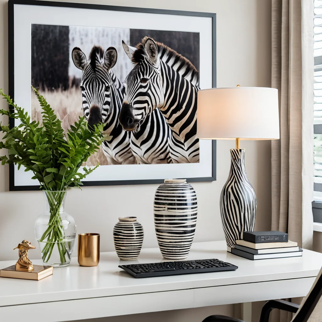 Изящный домашний офис с керамической вазой с узором зебры и художественным принтом с силуэтом животного, демонстрирующий использование декоративных элементов с животными мотивами.