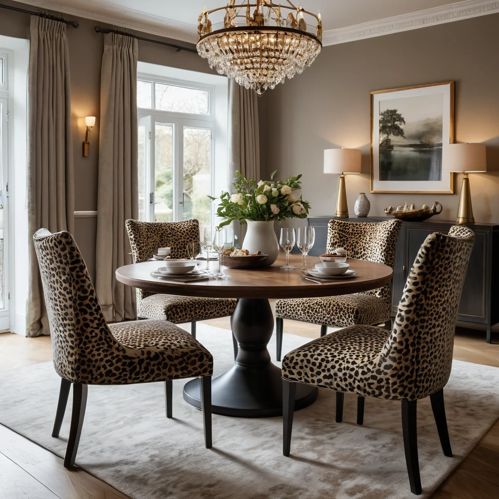 Элегантная обеденная комната с подушками с леопардовым принтом на стульях, демонстрирующая гармоничное и дозированное использование анималистичного принта для достижения сбалансированной композиции.