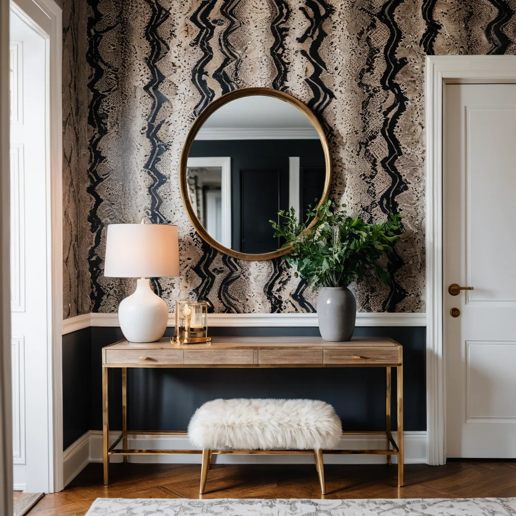 Прихожая в современном стиле с акцентной стеной, оклеенной обоями со змеиным принтом, создающая смелое и роскошное заявление в интерьере.