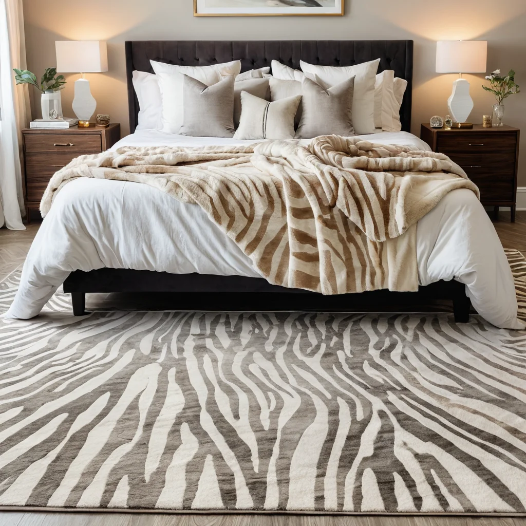 Уютная спальня с ковром с абстрактным зебровым принтом, создающая успокаивающую атмосферу благодаря мягким текстурам и приглушенным цветам, иллюстрирующая психологическое влияние анималистичных мотивов.