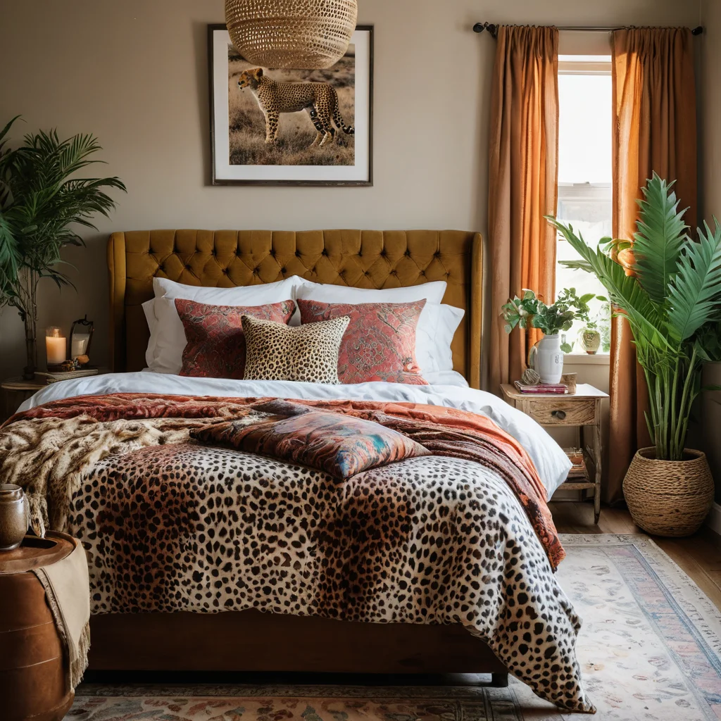 Богемная спальня, сочетающая цветочный и приглушенный гепардовый принт в постельном белье, демонстрирующая гармоничное сочетание анималистики с другими узорами и стилями.