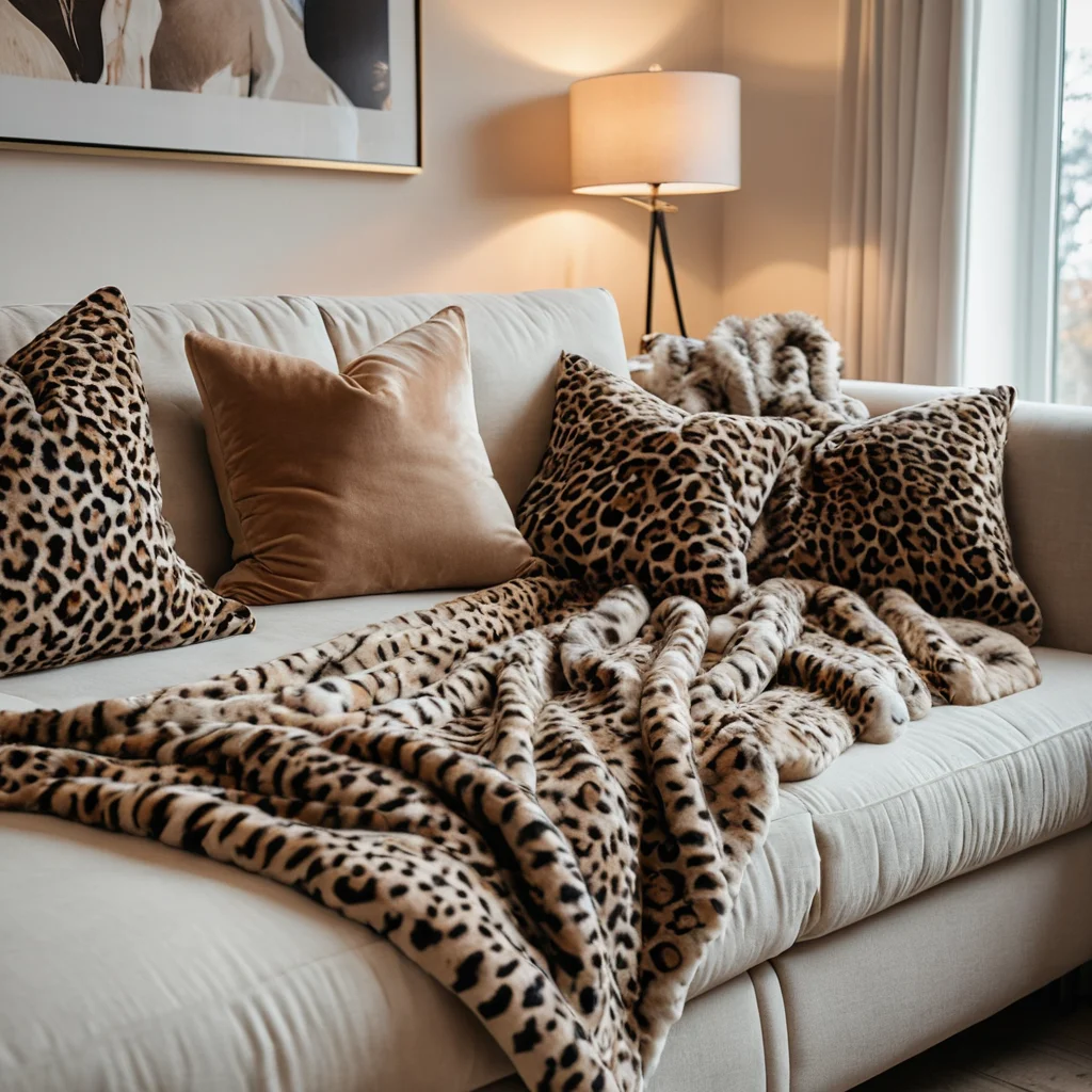 Уютное жилое пространство с пледом с леопардовым принтом из искусственного меха и декоративными подушками с абстрактными животными узорами, подчеркивающее использование текстиля с анималистичными принтами.