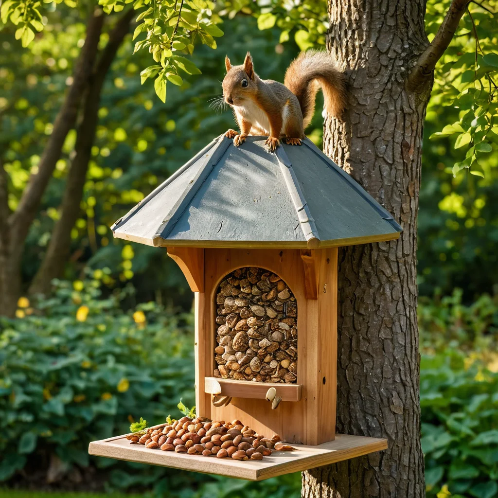 بيت ومغذاة للسناجب، مليء بالمكسرات والبذور والتوت - مكافآت مفيدة لهذه الحيوانات، مصورة عن قرب في الحديقة.