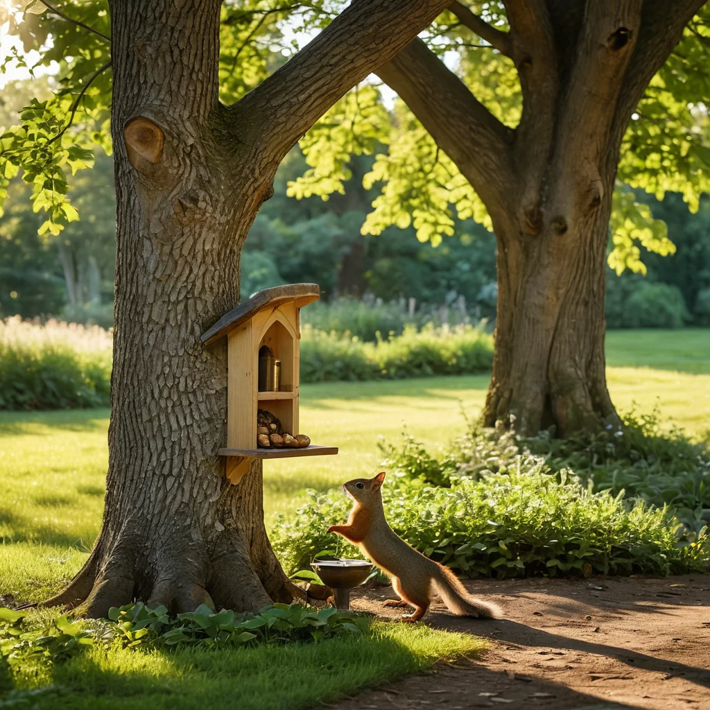 المكان المثالي لوضع مغذاة السناجب بالقرب من شجرة بلوط قديمة في زاوية الحديقة، مضاءة بضوء الشمس المتناثر، مما يخلق جوًا هادئًا للطبيعة.