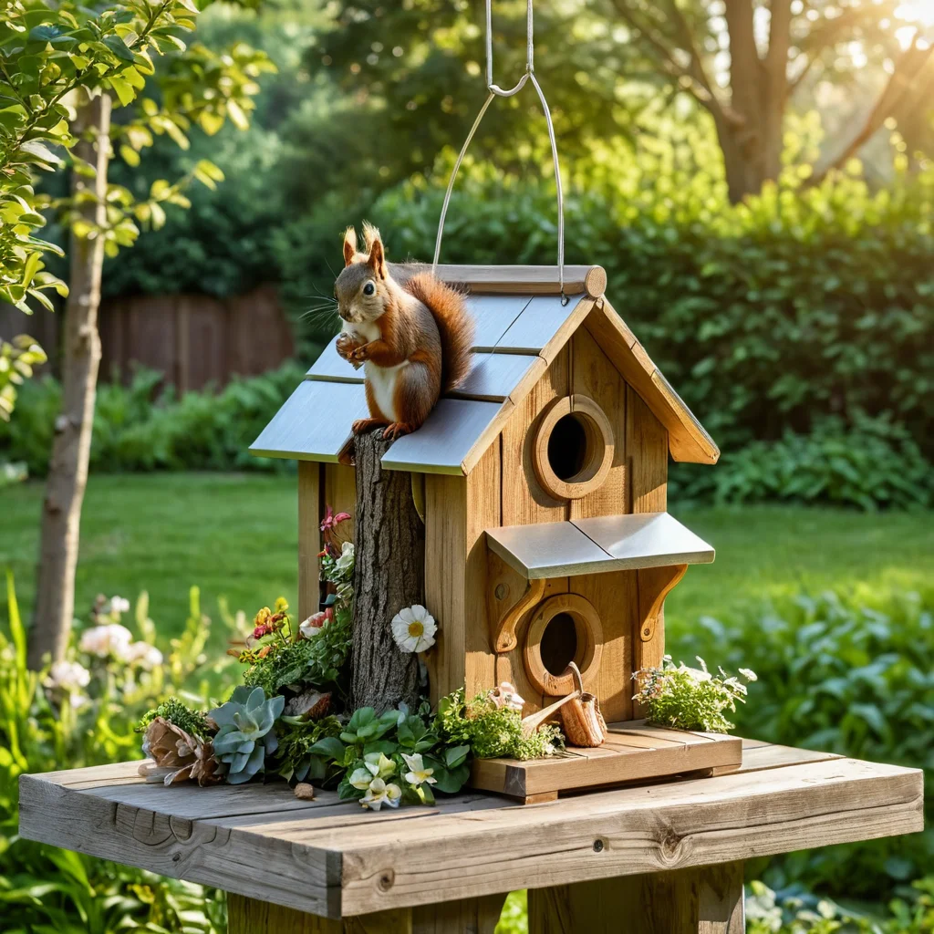 عملية صنع بيت ومغذاة بسيطة للسنجاب بيديك: ألواح خشبية، أدوات، أيدي حرفي يجمع الهيكل، في خلفية الحديقة، مصورة بأسلوب تعليمي.