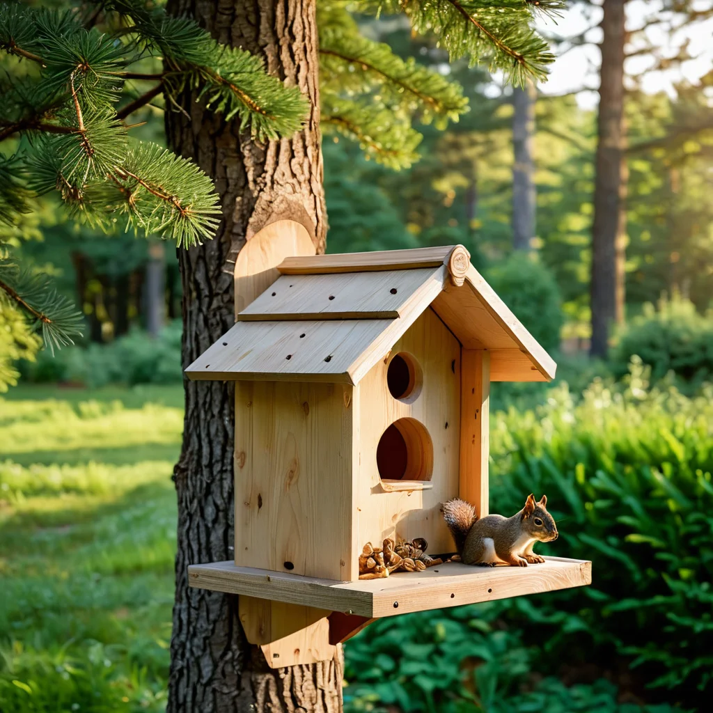 مواد آمنة لصنع مغذاة السناجب: خشب الصنوبر والأرز غير المعالج، براغي غير سامة، معروضة عن قرب، تؤكد على الطبيعية والسلامة.