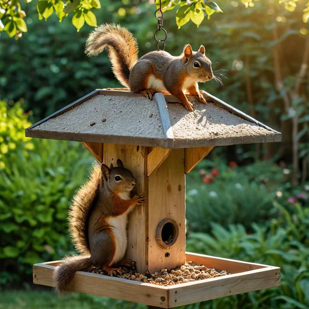 عملية تنظيف بيت ومغذاة السناجب: فرشاة، ماء، نشارة خشب طازجة، تؤكد على العناية والحفاظ على النظافة في الحديقة.