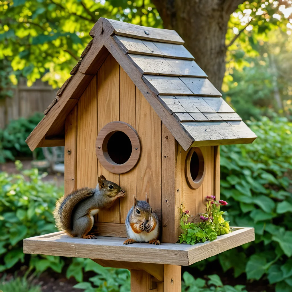 تصاميم مختلفة لبيوت ومغذاة السناجب المصنوعة من الخشب الطبيعي، بأسلوب ريفي، مع تفاصيل دقيقة، موضوعة في الحديقة، مصورة عن قرب.