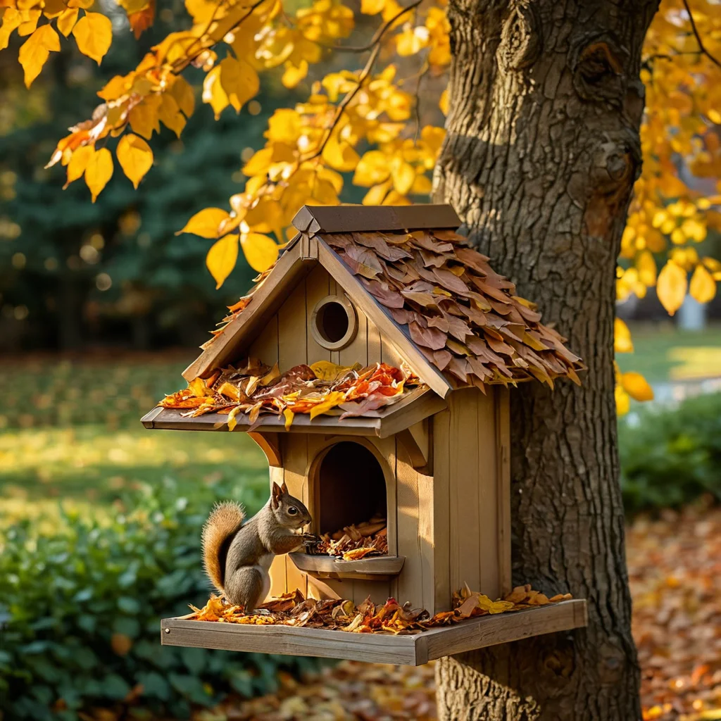 Уютный осенний сад с домиком-кормушкой для белок, украшенный опавшими листьями, освещенный теплым солнечным светом, создающим эффект боке.