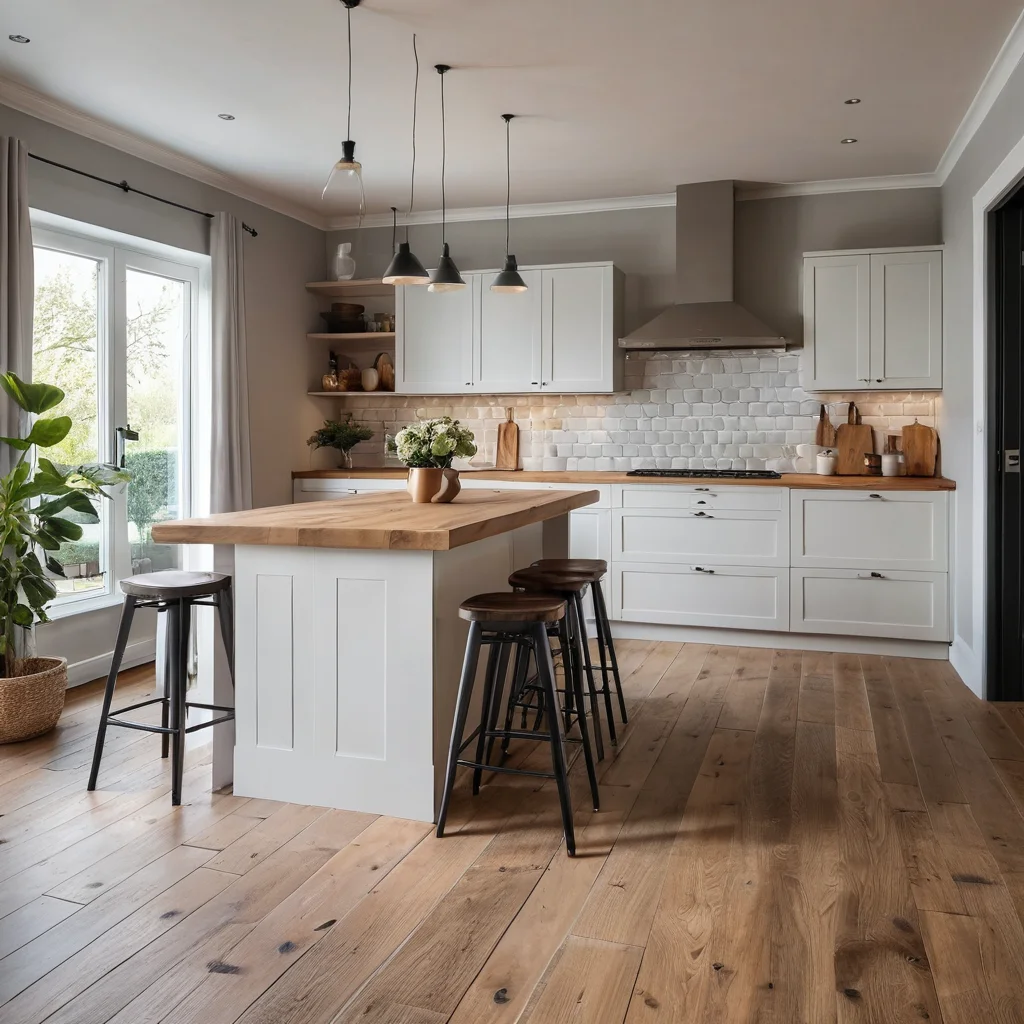 Интерьер с полами из натурального дерева, столешницами из экологичных и прочных материалов, нескользящей плиткой и краской, демонстрирующий качество и безопасность.