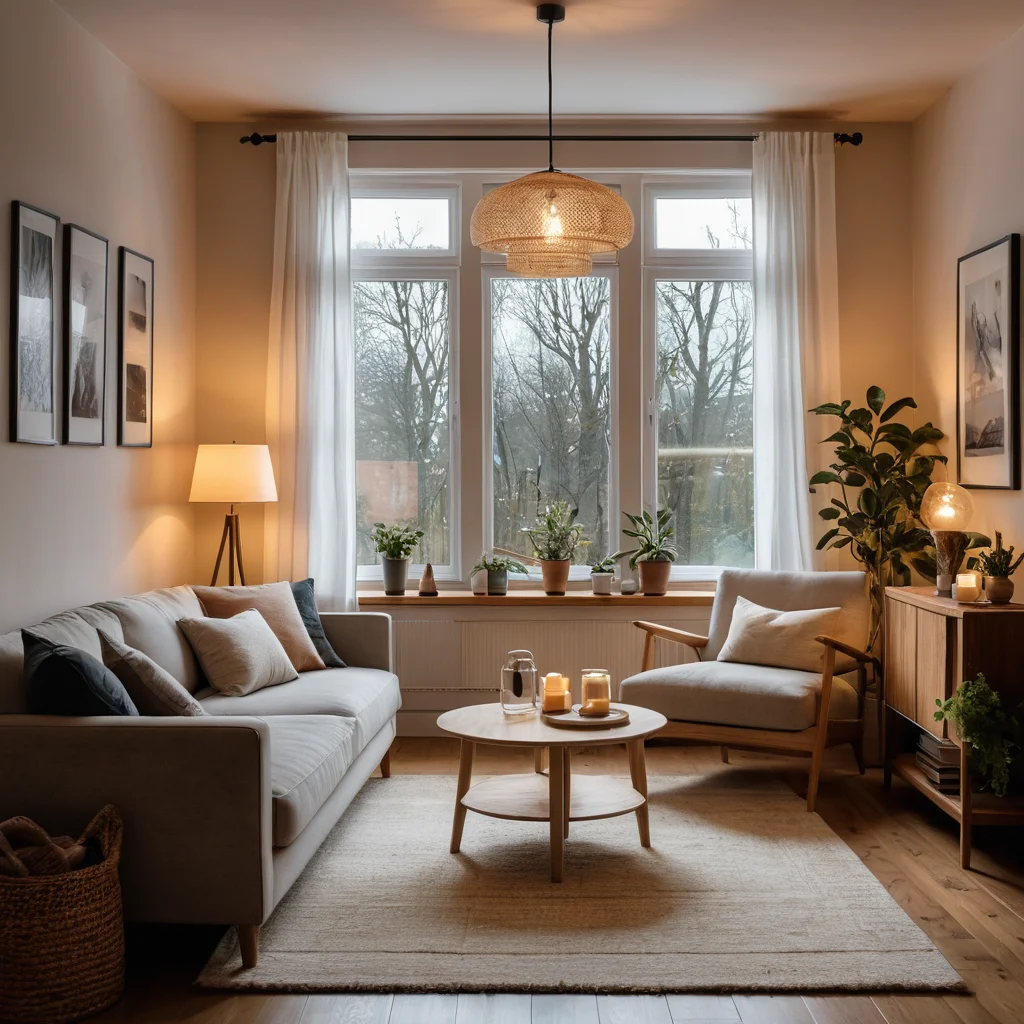 Интерьер с многоуровневым освещением: функциональным, рассеянным и акцентным, с диммерами и датчиками движения, создающим безопасные световые сценарии.