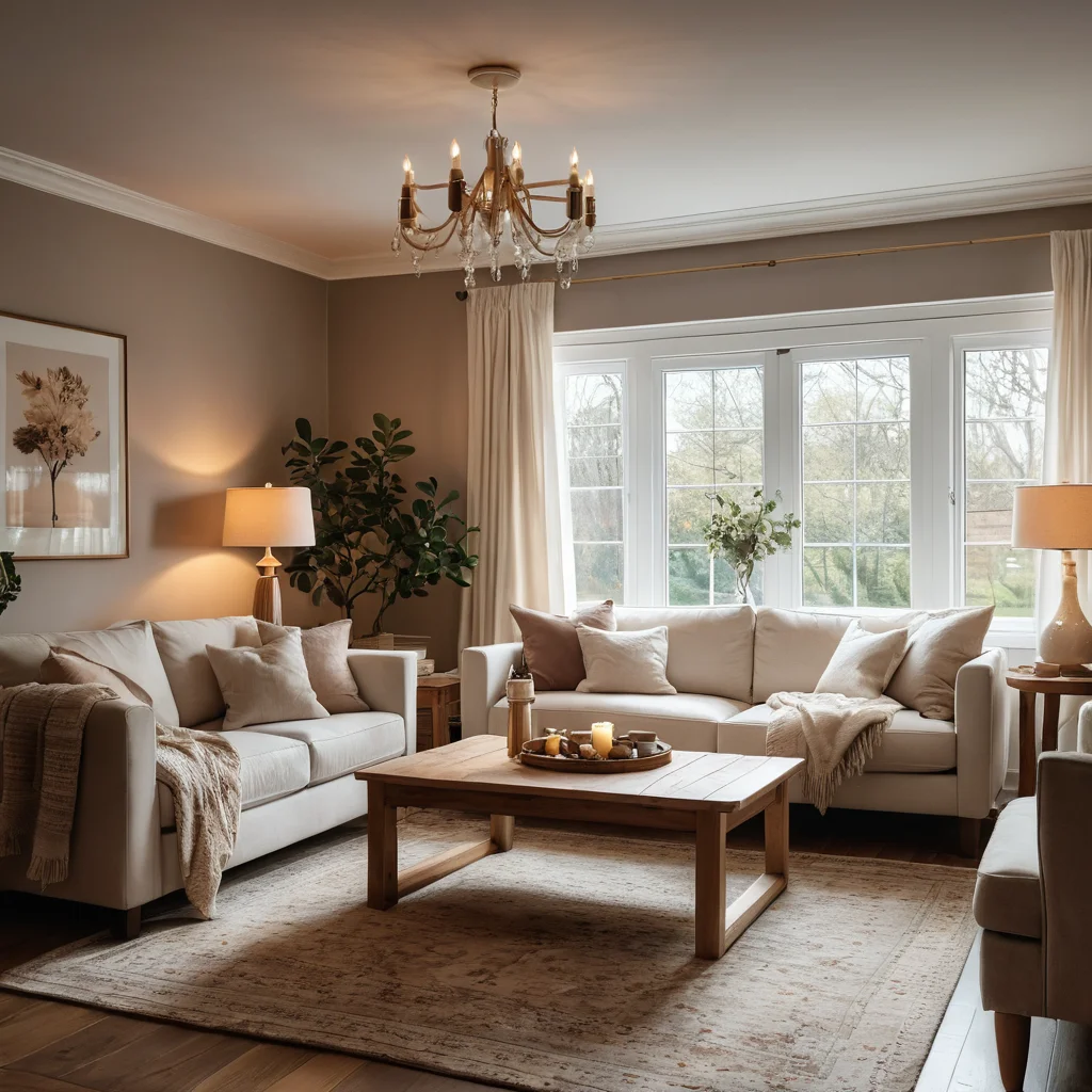 Уютная гостиная, символизирующая безопасное пространство и семейный комфорт, как основу дома, с теплым освещением и мягкими текстурами.