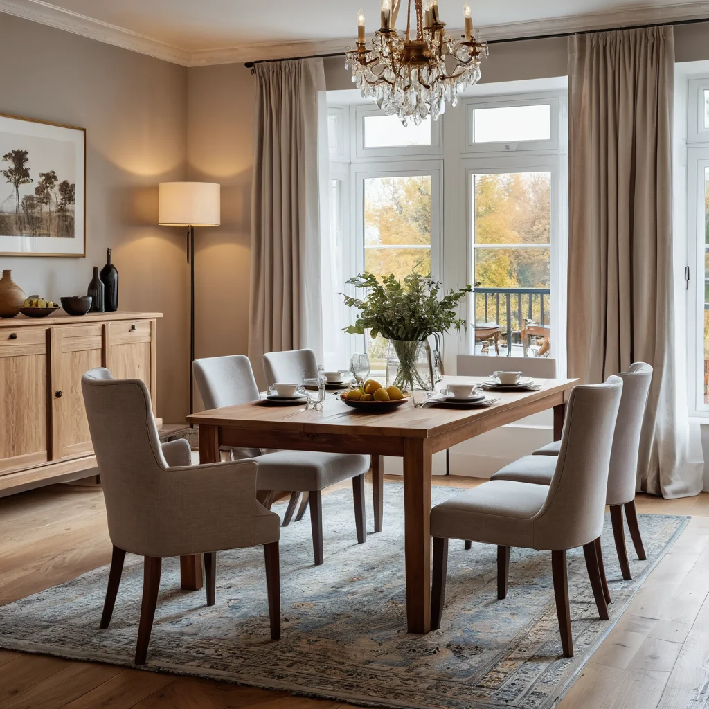 Прочный обеденный стол из массива дерева, крепкое кресло и модульный диван в функциональном интерьере, символизирующие долговечность и практичность мебели.