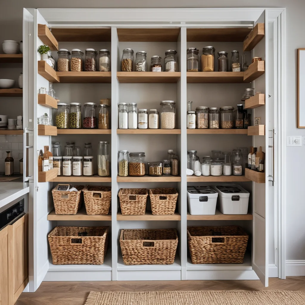 Организованная кухонная кладовая с продуманными решениями для хранения, легко моющимися поверхностями и эффективной планировкой, демонстрирующая практичность и организацию пространства.