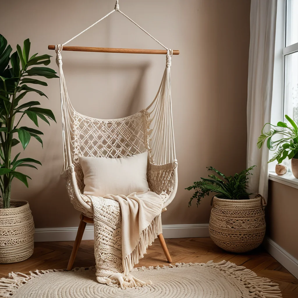 Уютный уголок в стиле бохо с мягким креслом, пледами, напольными подушками, подвесным кашпо с макраме, элементами из натурального дерева и теплым освещением, приглашающий к отдыху.