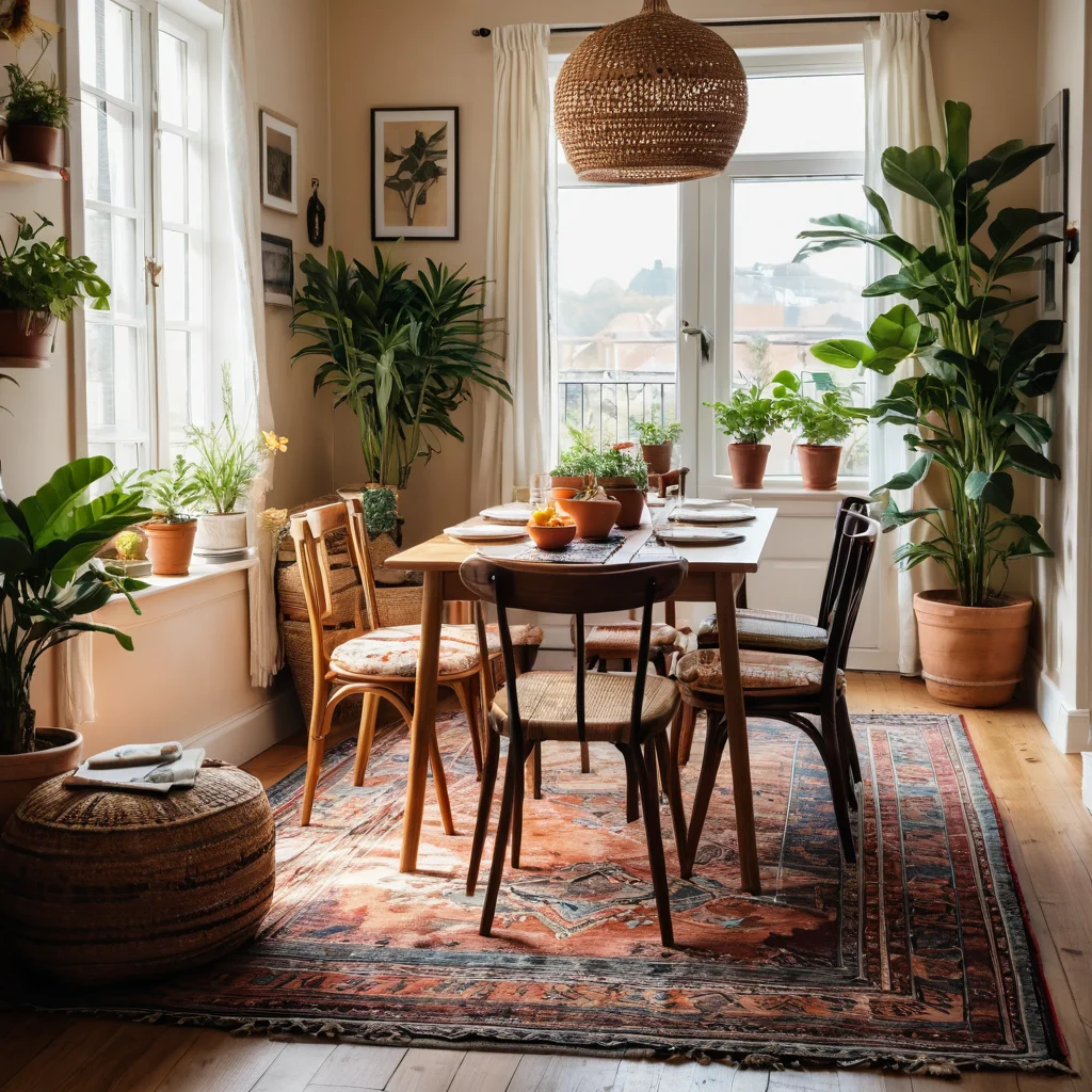 Обеденная зона в стиле бохо с яркими текстильными элементами, узорчатым ковром, эклектичным набором стульев и подушек, множеством горшечных растений, залитая теплым солнечным светом.