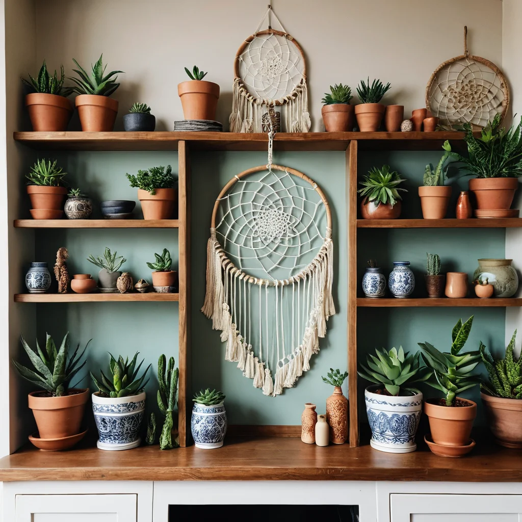 Крупный план деталей декора в стиле бохо: коллекция винтажной керамики, ловцы снов, изделия ручной работы из текстиля, суккуленты в горшках и различные эклектичные безделушки, расставленные на полке.