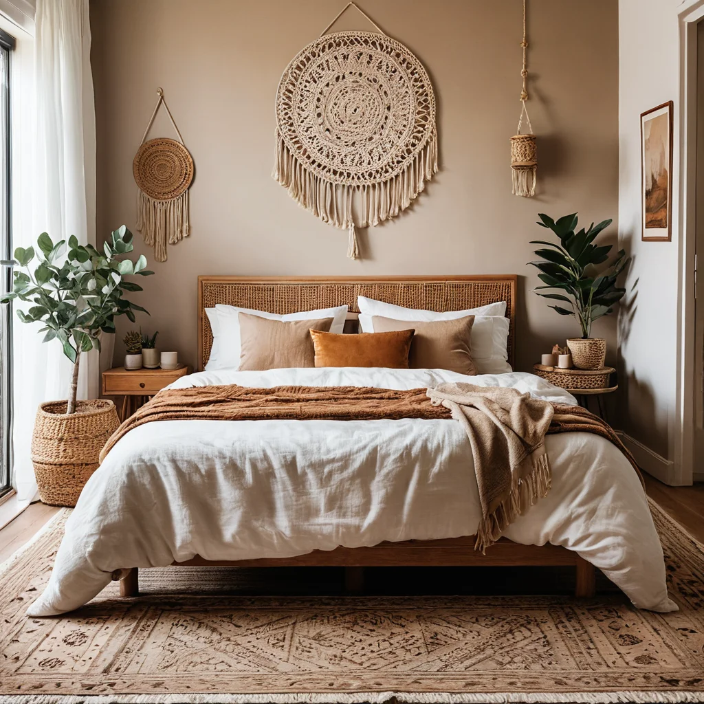 Спальня в стиле бохо, где преобладают натуральные материалы: плетеный изголовье кровати, льняное постельное белье, макраме-панно и ковер из натуральных волокон, создающие тактильное ощущение уюта.