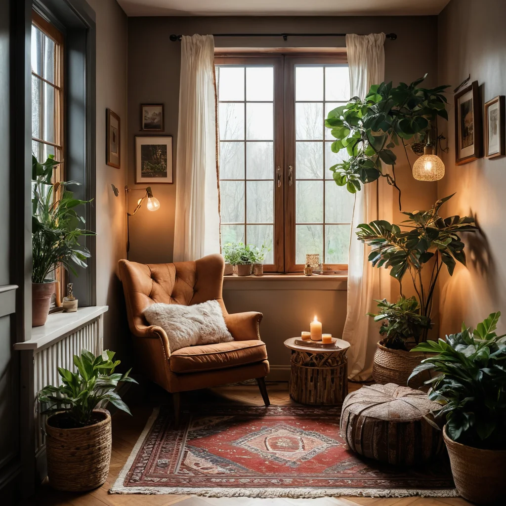 Уютный уголок для чтения в стиле бохо, с удобным креслом, стопкой книг, мягким освещением, обилием зелени и натуральных текстур, создающий атмосферу творчества и умиротворения.