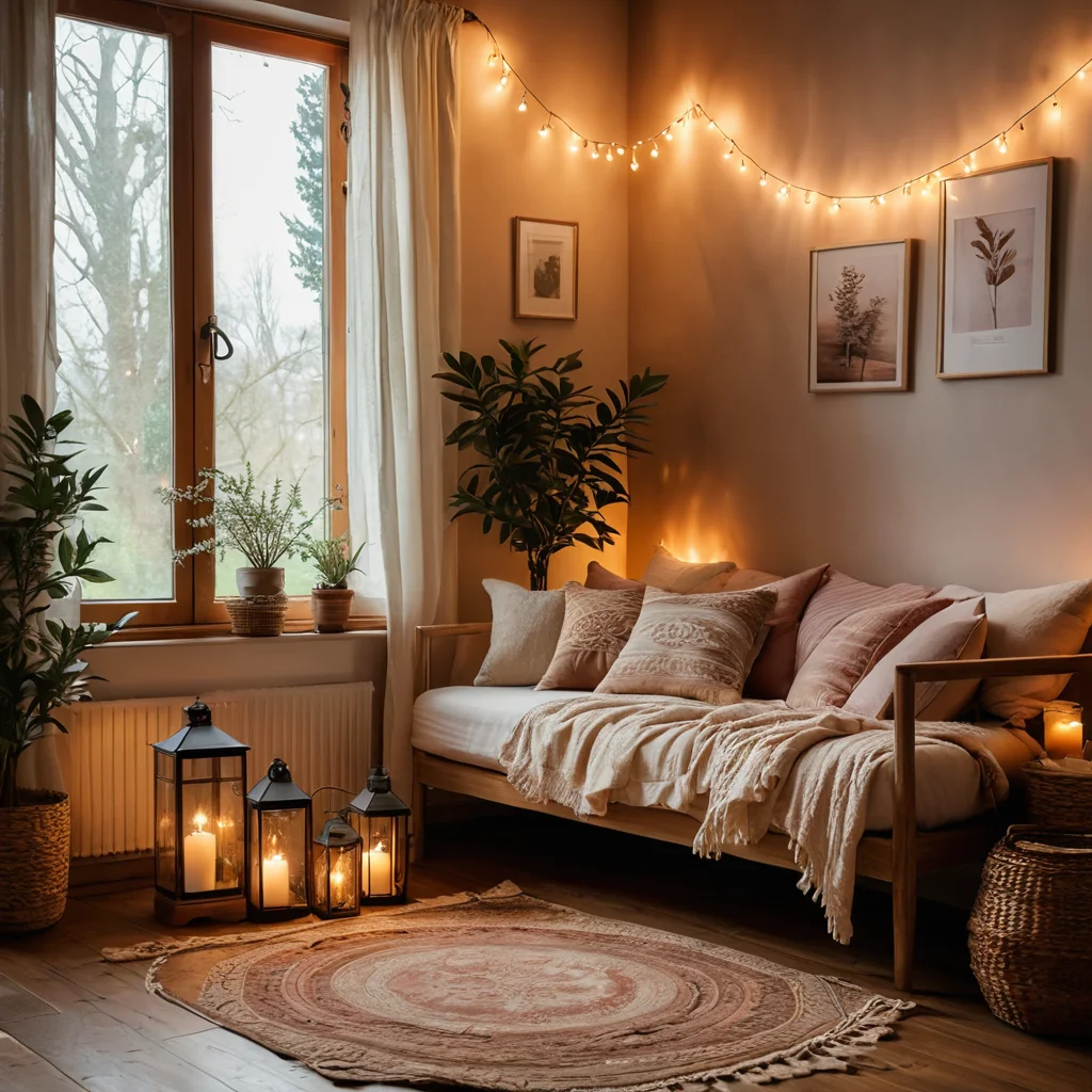 Интерьер в стиле бохо-шик с мягким, рассеянным освещением от гирлянд, фонарей и свечей, создающим расслабляющую атмосферу и уютное тепло.