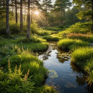 Пышный болотный садик с влаголюбивыми растениями, дикими цветами, мелководьем и мшистыми камнями, создающий безмятежную и живописную атмосферу.