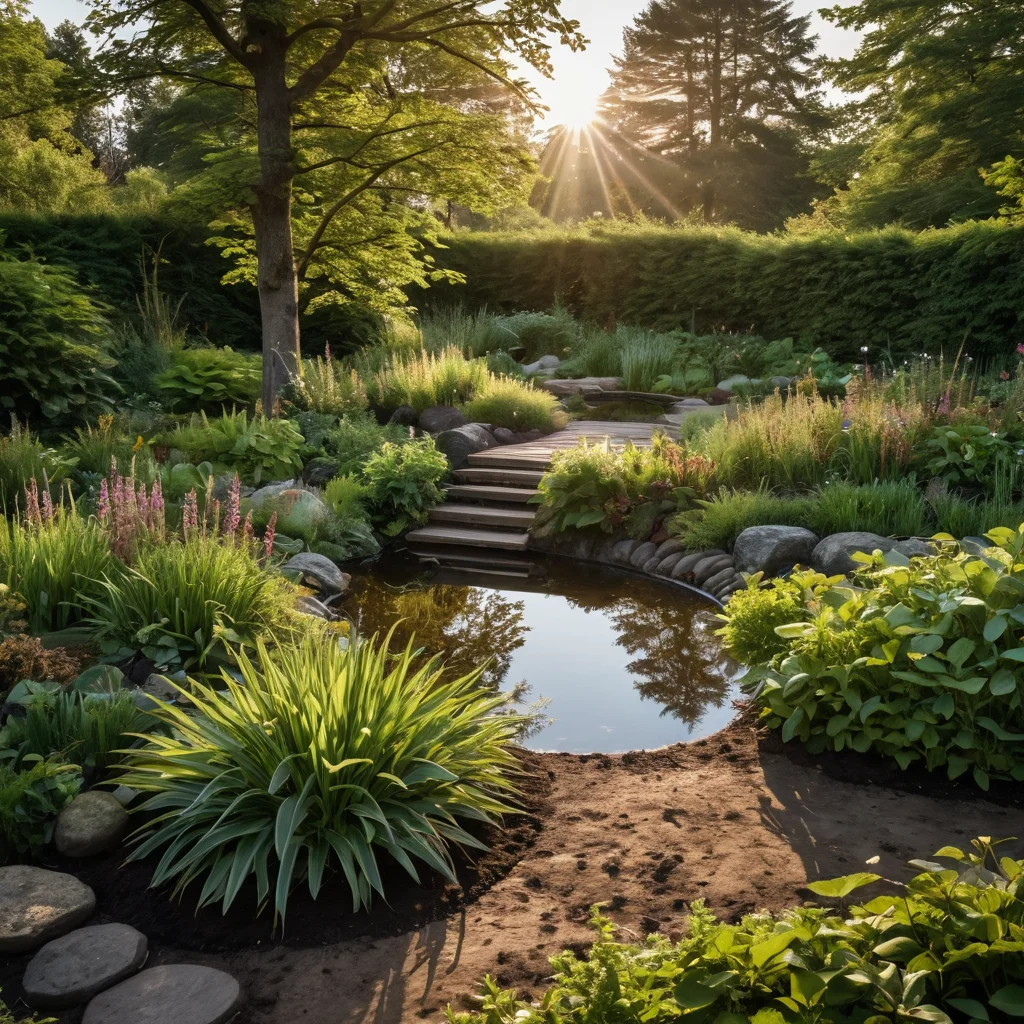 Подготовка основы для болотного сада: добавление торфа и компоста, создание водонепроницаемого слоя для пруда, формирующее влажный микроклимат.