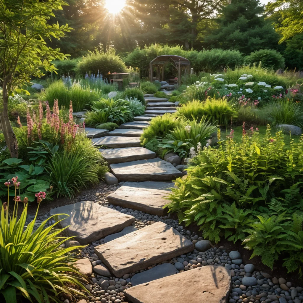 Композиция болотного садика: художественное расположение влаголюбивых растений, декоративных элементов и природных камней для гармоничного дизайна.