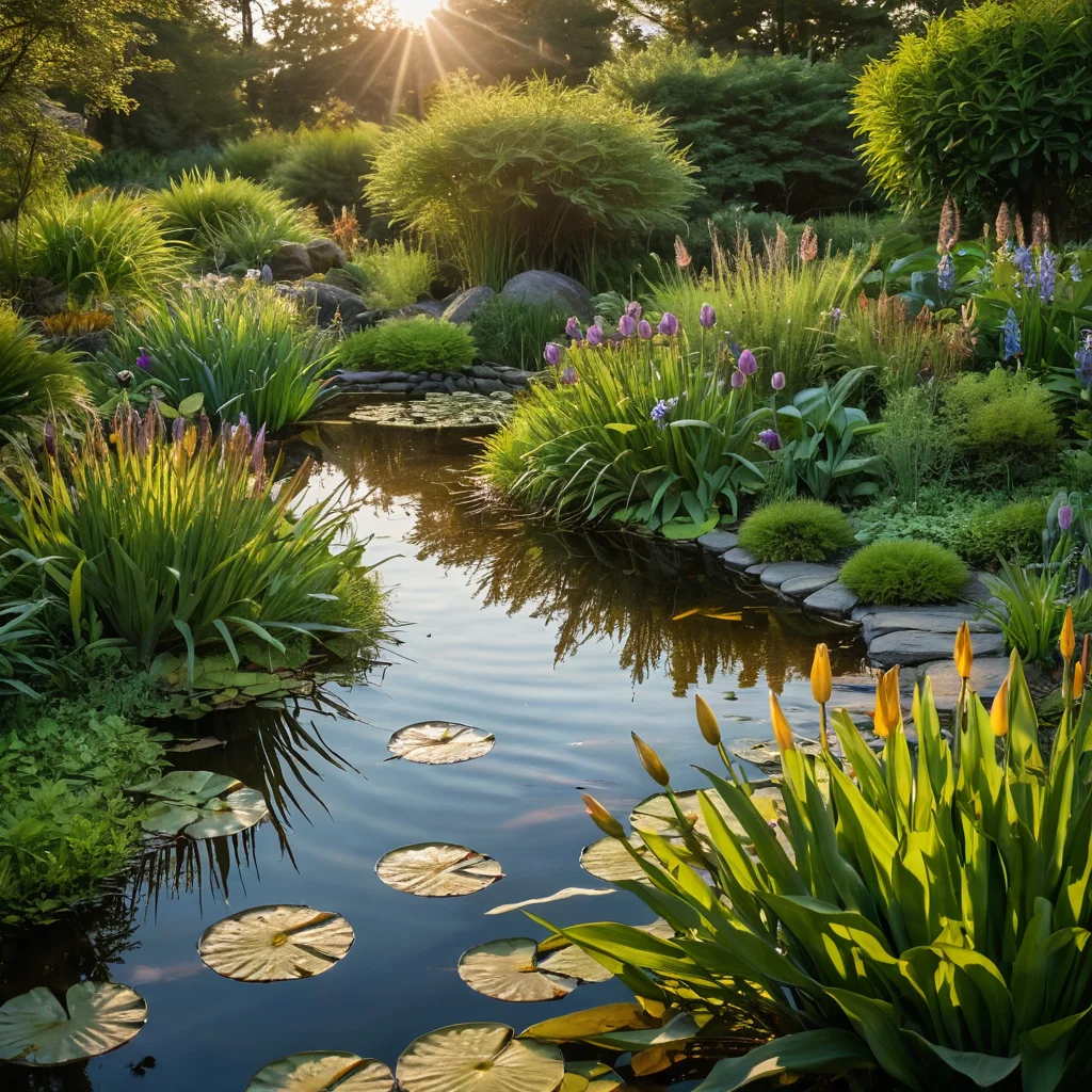 Миниатюрный болотный садик с небольшим прудом, водяными лилиями, ирисами и осоками, представленный в детальном, реалистичном виде.