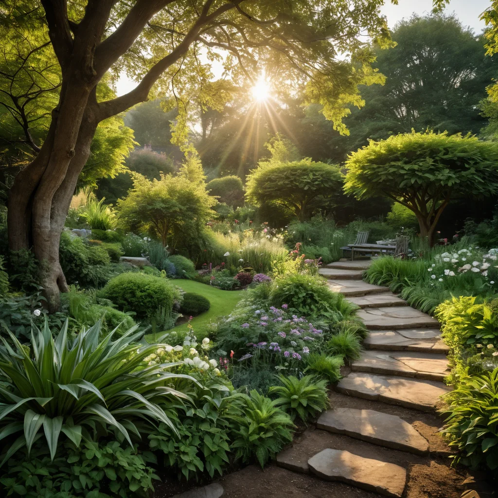 Идеальное место для болотного садика: влажный, тенистый уголок сада у источника воды с естественным уклоном, залитый мягким светом.