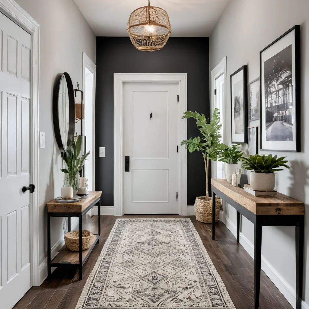 Вдохновляющая и прекрасно оформленная прихожая, которая служит примером идеального баланса между стилем, функциональностью и бюджетными решениями, создавая гостеприимную и уникальную атмосферу.