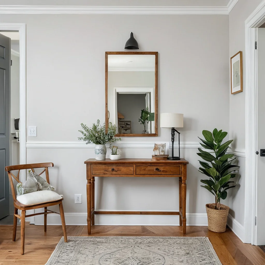 Человек аккуратно устанавливает или собирает элемент декора в прихожей, демонстрируя пошаговое воплощение бюджетной идеи для обновления интерьера.