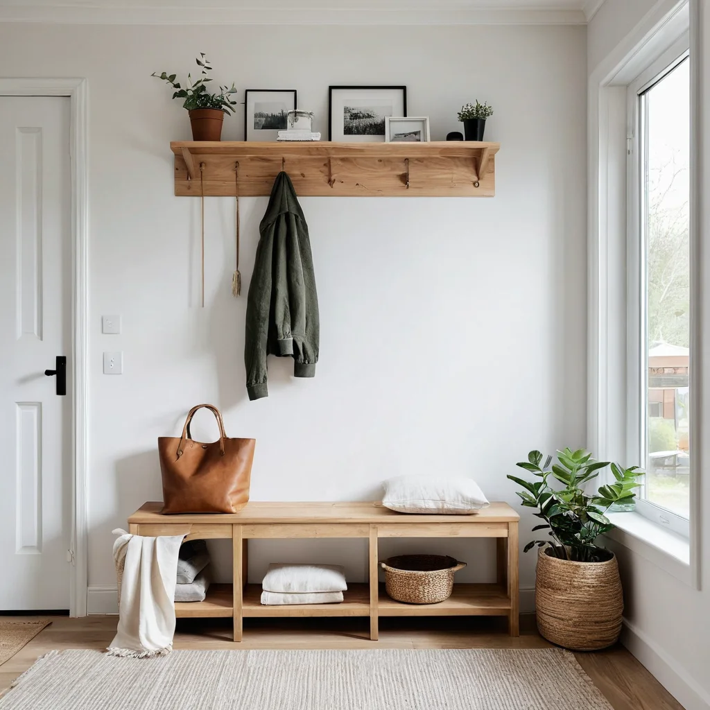 Светлая и функциональная прихожая в скандинавском стиле, демонстрирующая, как бюджетный декор может идеально вписаться в популярные интерьерные направления, используя натуральные материалы и минимализм.