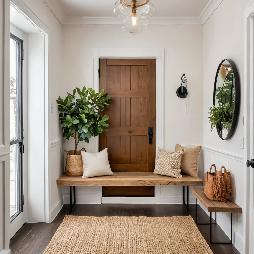 Уютная и стильная прихожая, демонстрирующая, как бюджетное преображение может создать уникальный характер и современный дизайн без больших затрат.