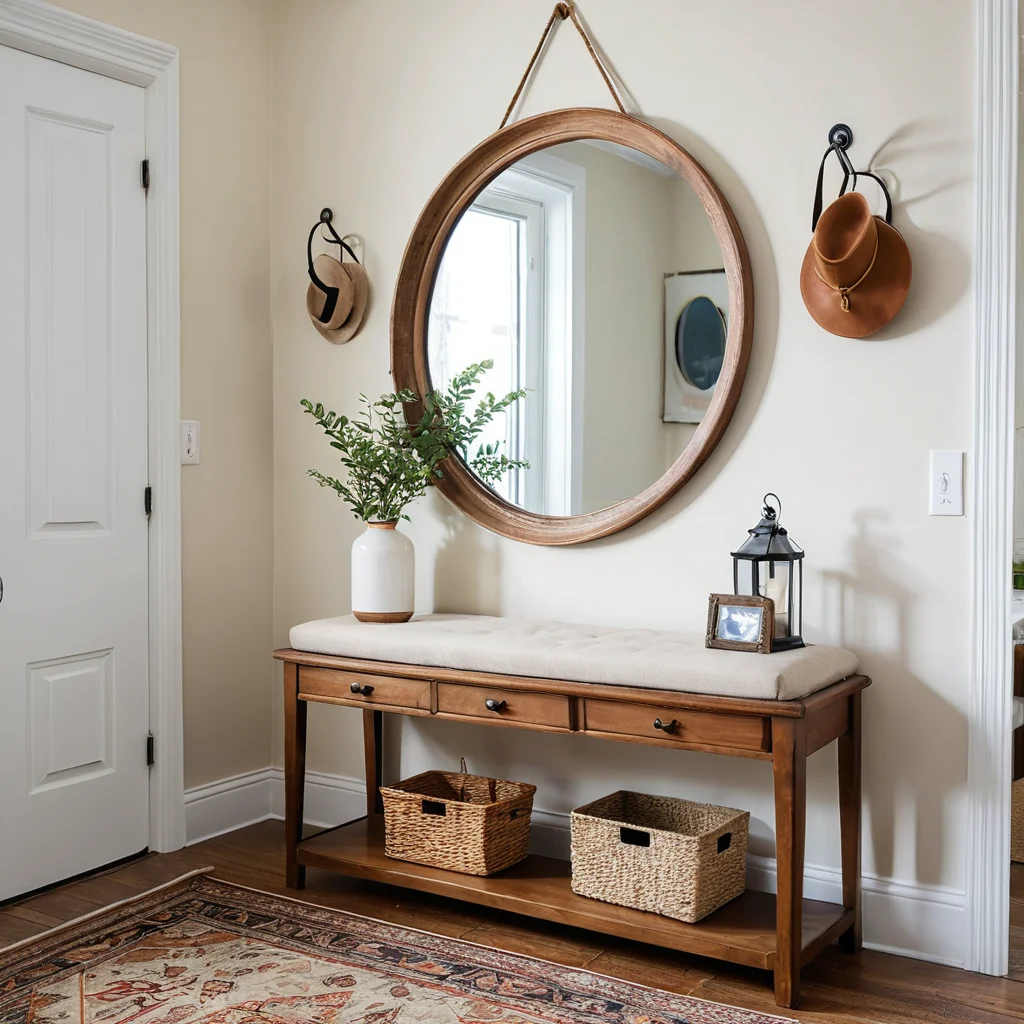 Элегантная прихожая с продуманным декором, где ключевые элементы, такие как зеркало или коврик, выглядят дорого, но были приобретены по разумной цене благодаря умному шопингу.