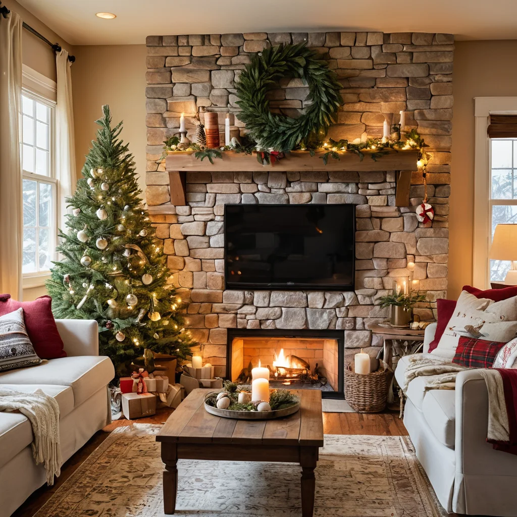 Улыбающаяся семья украшает дом к Новому году бюджетным декором своими руками, создавая уютную и теплую атмосферу с помощью самодельных игрушек и гирлянд, демонстрируя магию праздника без больших трат.