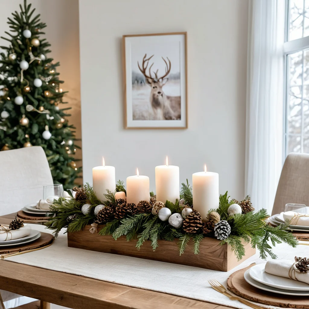 Изысканный центральный элемент новогоднего стола, созданный своими руками из бюджетных материалов, демонстрирующий, как превратить 'поделку' в стильный и элегантный дизайнерский декор.