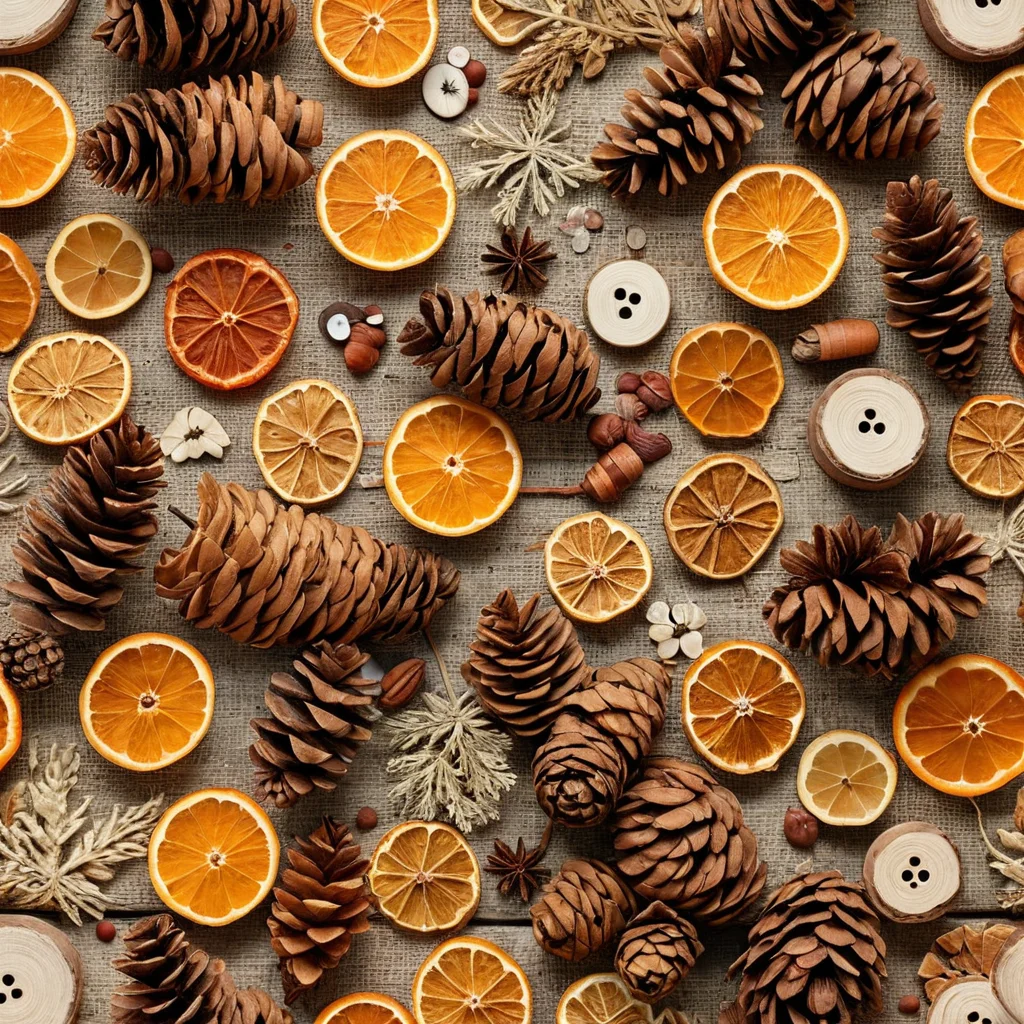 На столе разложены бюджетные материалы для новогоднего декора своими руками: шишки, сушеные апельсины, корица, лоскуты ткани, бечевка, пуговицы и цветная бумага, готовые превратиться в волшебные украшения.